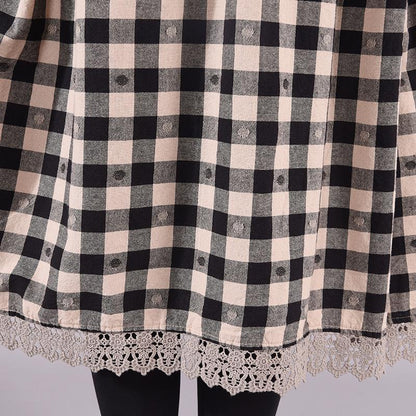 Buykud Lace Spliced Plaid Dot Loose Casual Dress