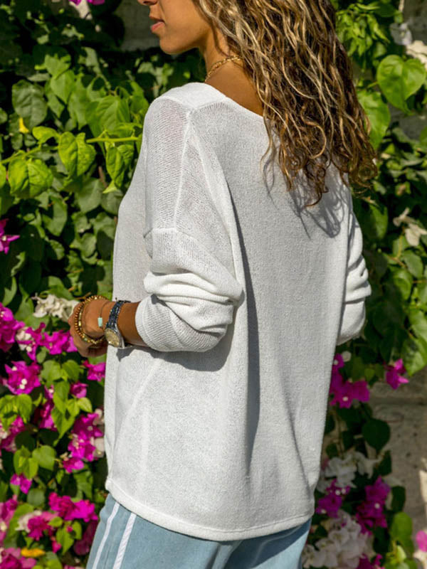 Simple Solid Color V-Neck Long Sleeves Pullover Knitwear