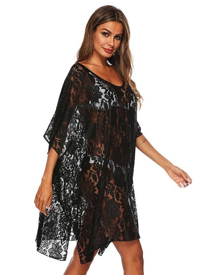 Fashion Solid Lace Bikini Sunscreen Loose Cover Up