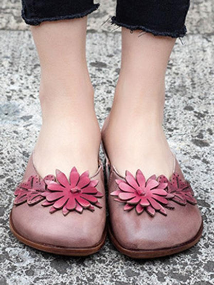 Genuine Leather Flower Decorated Round Toe Mules&Slides