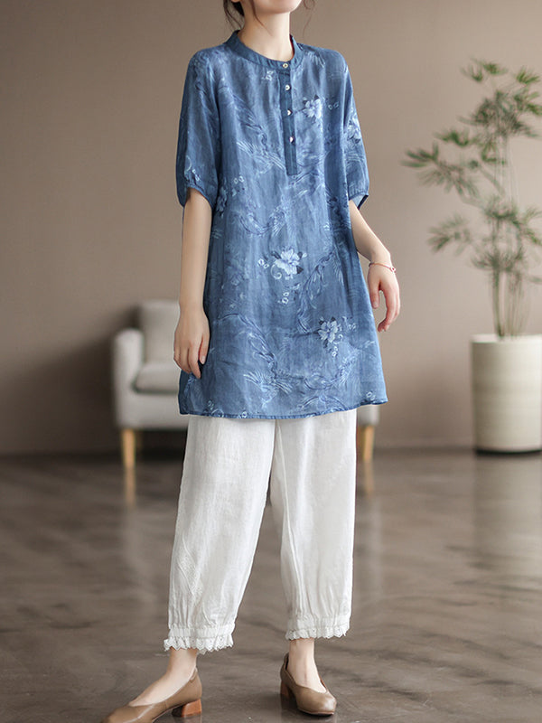 Vintage Half Sleeves Ramie Printed Thin T-Shirt