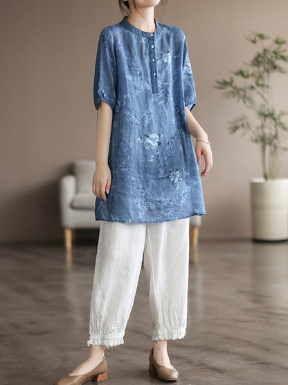 Vintage Half Sleeves Ramie Printed Thin T-Shirt