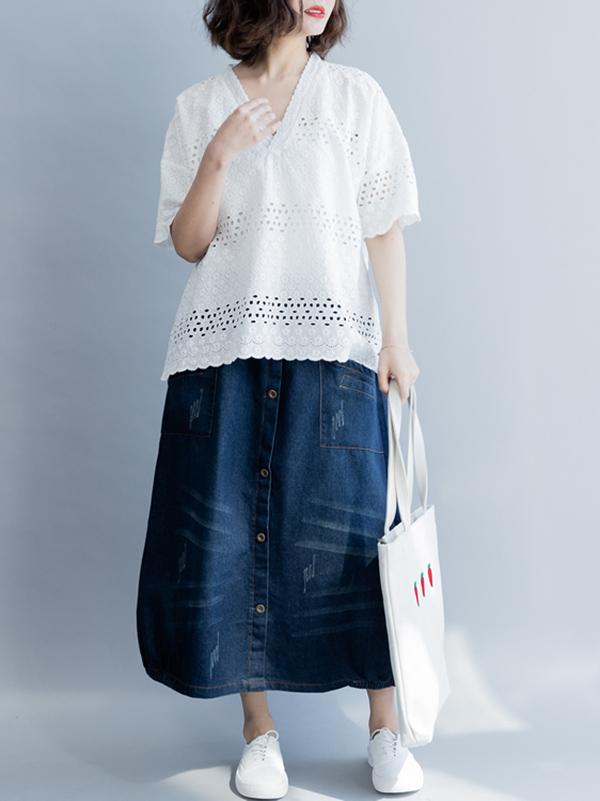 Casual Hollow out V-neck T-shirt