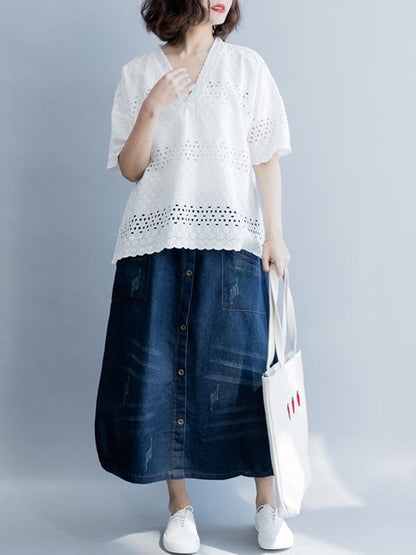 Casual Hollow out V-neck T-shirt