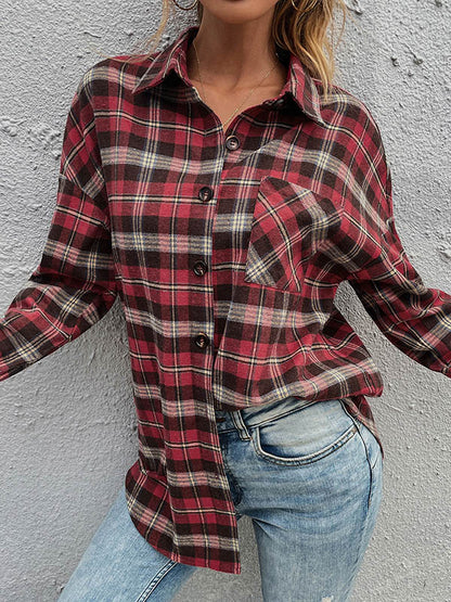 Casual Red Plaid Split-Joint With Pocket Buttoned Lapel Collar Blouse