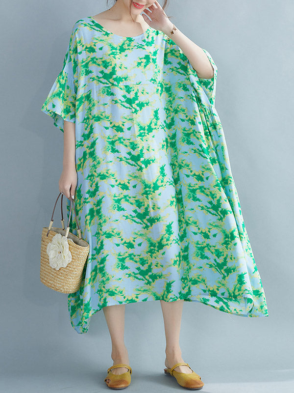 Stylish Printed Round-Neck Batwing Sleeve Midi Dress