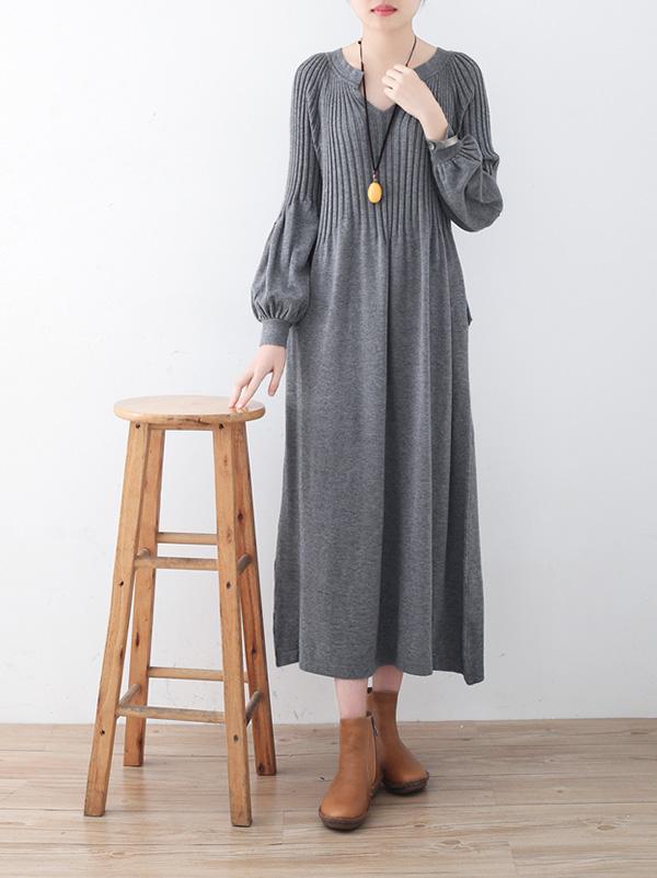 Solid Puff Sleeves Elastic Waist Sweater V-Neck Dress