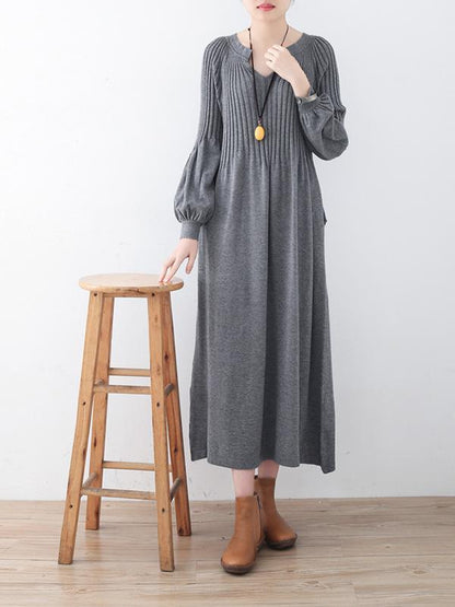 Solid Puff Sleeves Elastic Waist Sweater V-Neck Dress