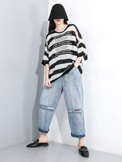Striped See-through Sun-protection T-shirt