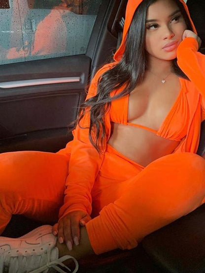 Solid Plush Zipper Hoodies&Pants Sports Suits
