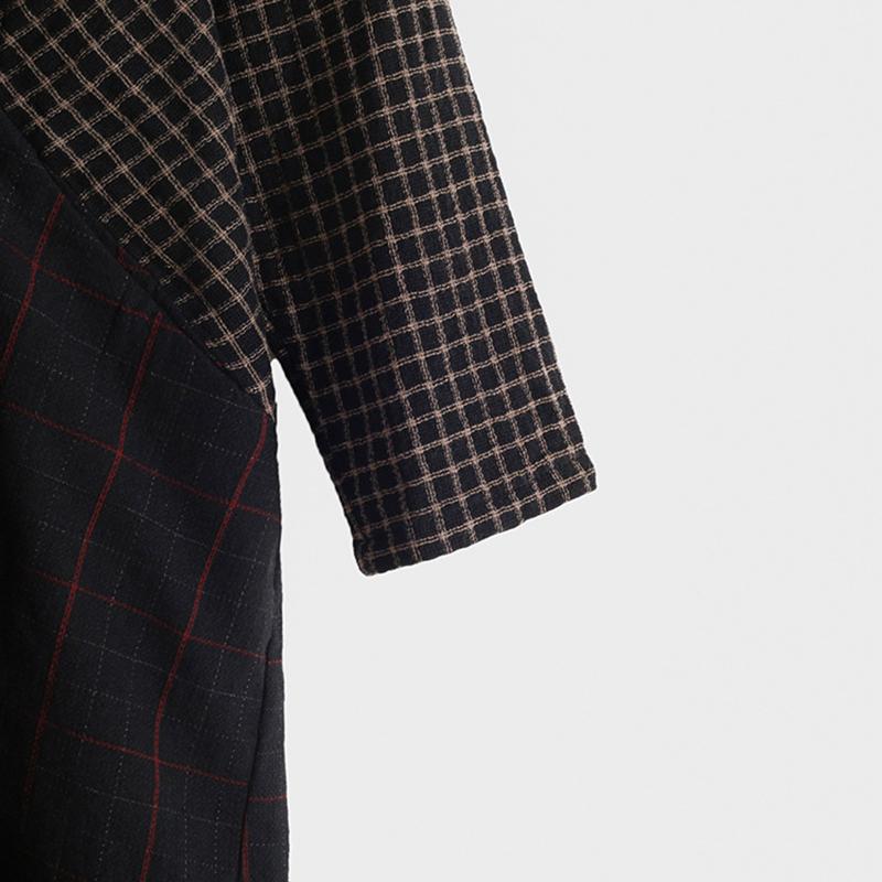 Buykud Cross Splicing Plaid Lacing Retro Casual Dress