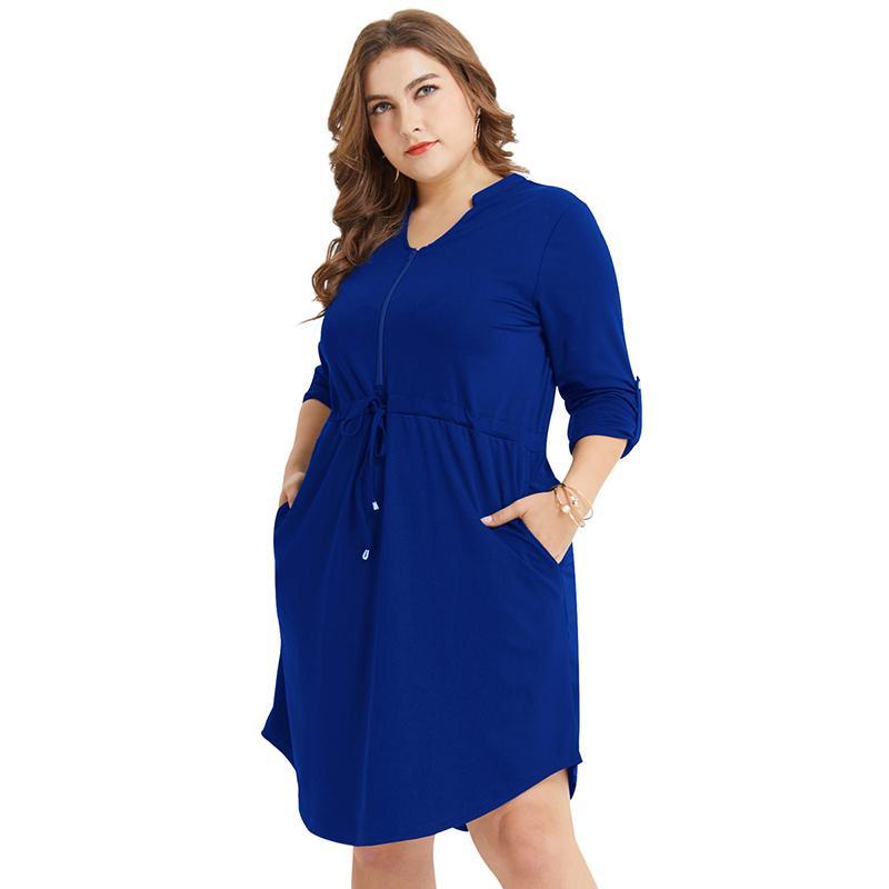 Plus Size Drawstring Solid Color Dress