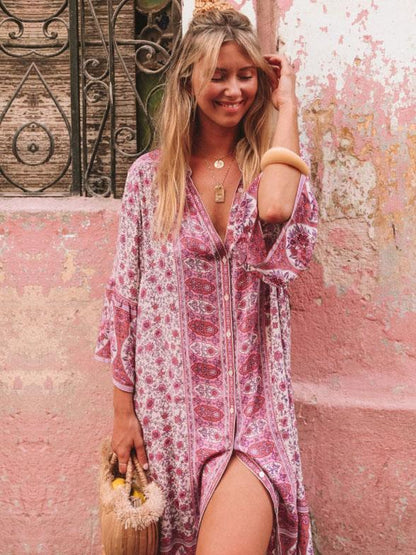 Printed V-nek Loose Hollow  Midi Dress