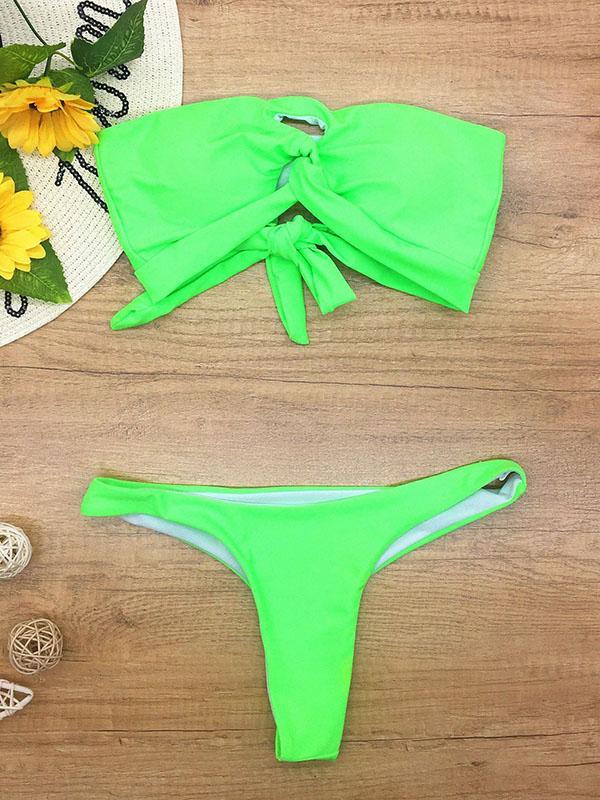 Strapless Knotted Solid Color Split Bikini Swimsuit