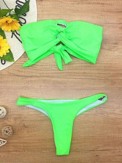 Strapless Knotted Solid Color Split Bikini Swimsuit
