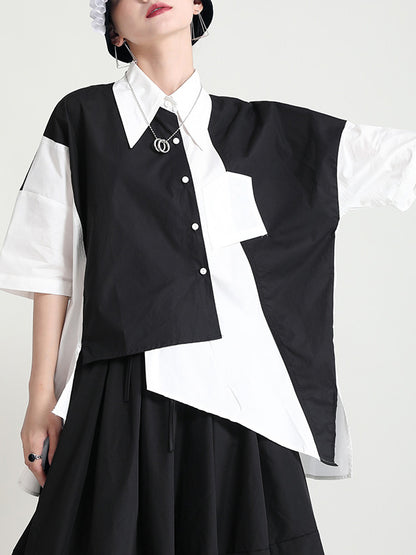 Urban Split-Joint Buttoned Asymmetric Lapel Blouses