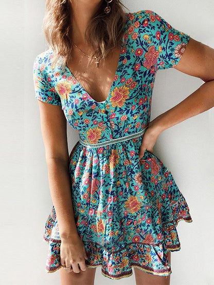 Sexy V-neck Printed Skirt Mini Dresses