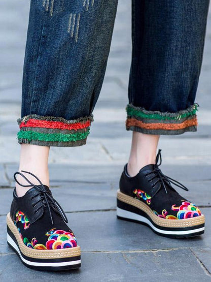 Floral Embroidered Leather Platform Shoes