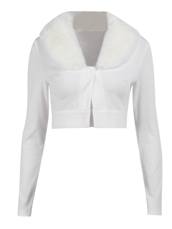 Fluffy Collar Solid Color Wrap Cardigan Tops - kailaple