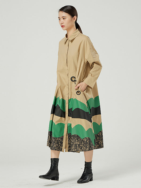 Original Buttoned Contrast Color Lapel Long Sleeves Midi Dress