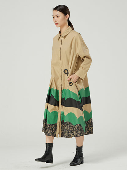 Original Buttoned Contrast Color Lapel Long Sleeves Midi Dress