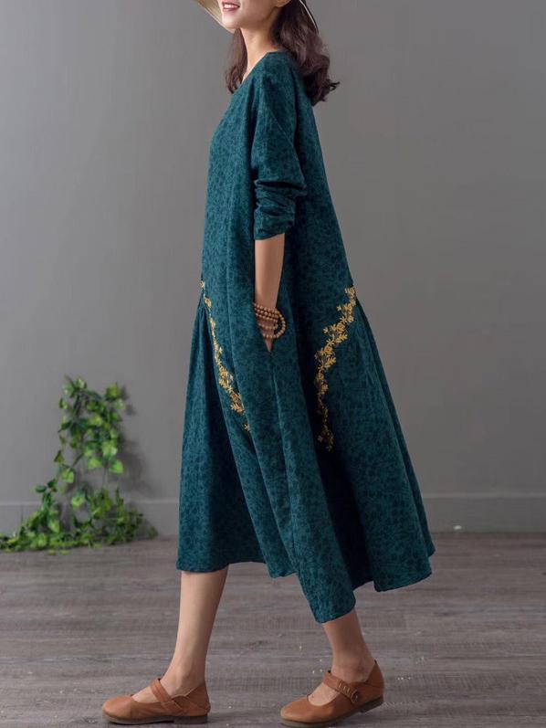 Loose Jacquard Embroidered A-line Long Dress