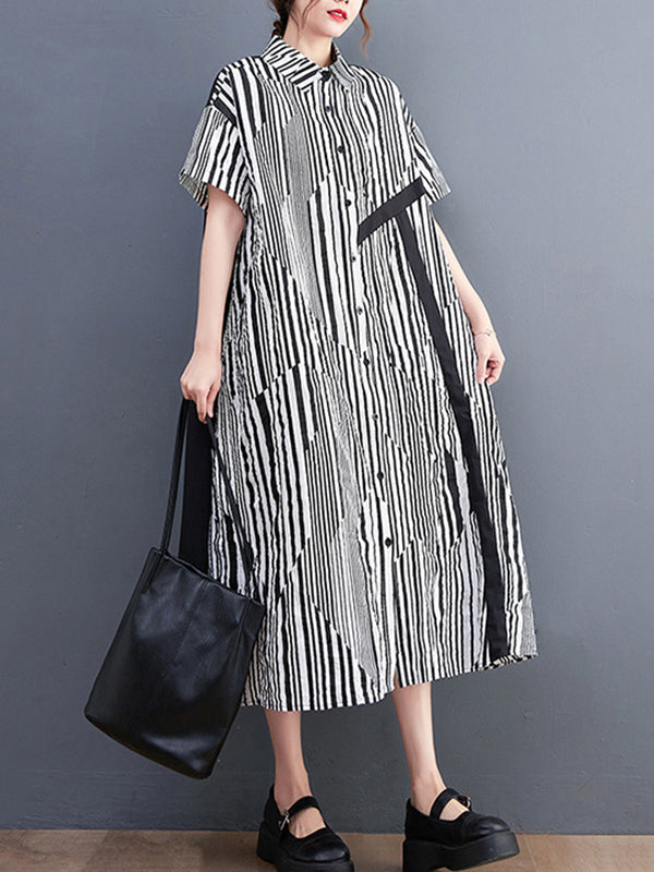 Artistic Retro Loose Striped Contrast Color Midi Shirt Dress