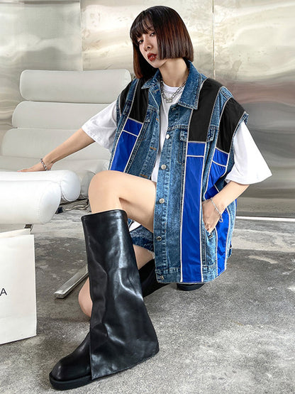 Stylish Split-Joint Striped Lapel Collar Sleeveless Denim Vest Outwear
