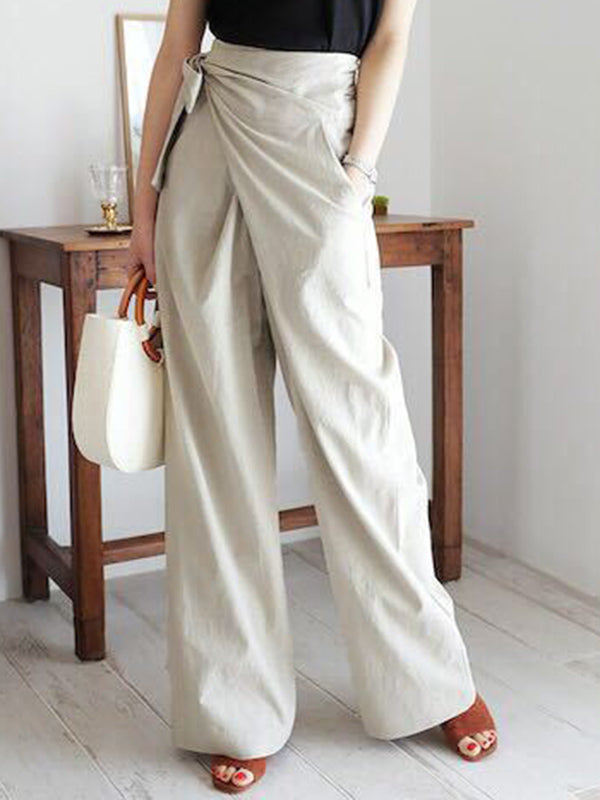 Simple 9 Colors Ramie Cotton Tied High-Waisted Pants