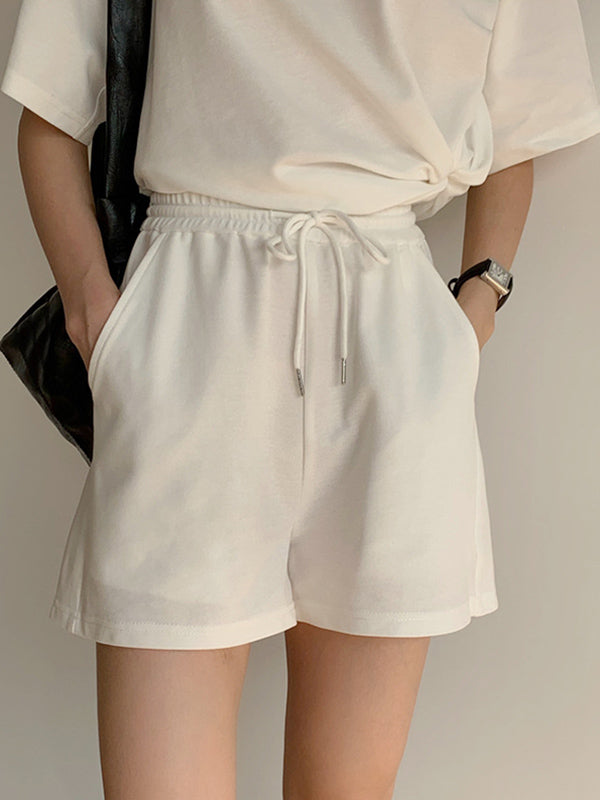 Casual Drawstring Elasticity Waist Solid Wide-Leg Shorts