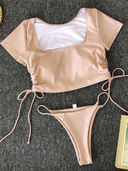 Lace Up Bandeau Short Sleeve Bikini Swimsuit