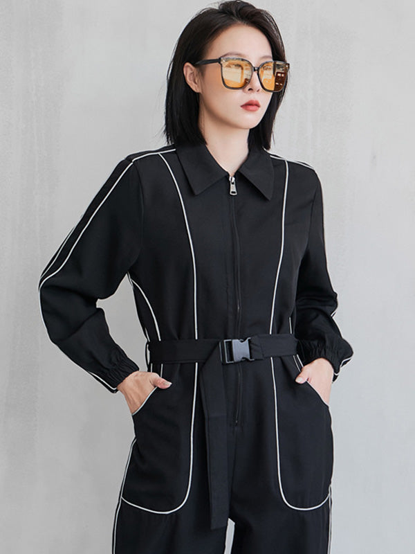 Cool Street Loose High-Waist Zipper Reflective Stripe Lapel Collar Long Sleeves Wide Leg Jumpsuits