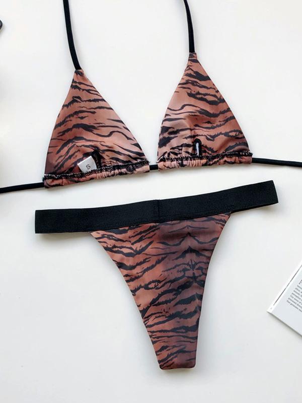 Tiger-Print Triangle Bandage Split Bikini Swimsuit