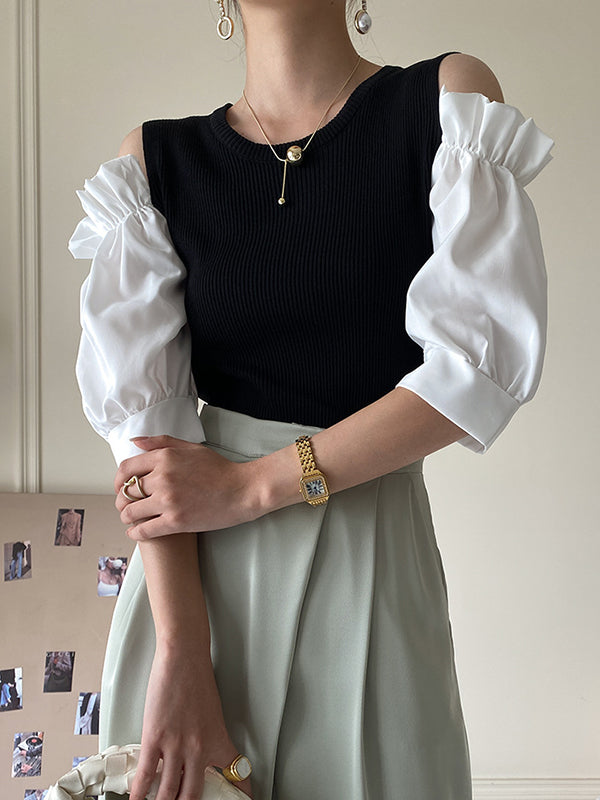 Original Contrast Color Puff Sleeves Cold Shoulder T-Shirt Top