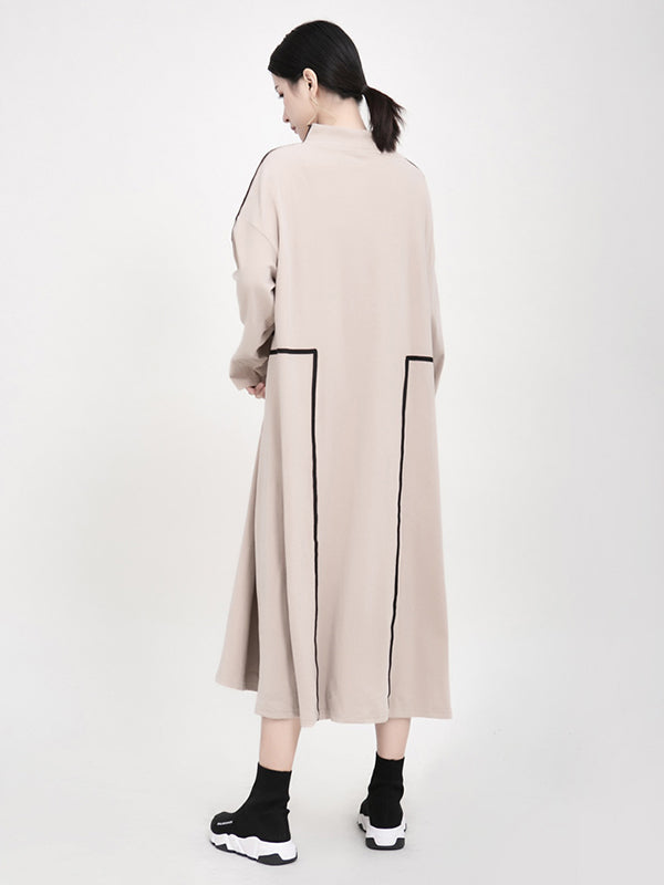 Casual Contrast Color Split-Joint Stand Collar Long Sleeves Midi Dress