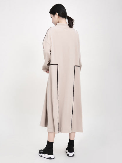 Casual Contrast Color Split-Joint Stand Collar Long Sleeves Midi Dress