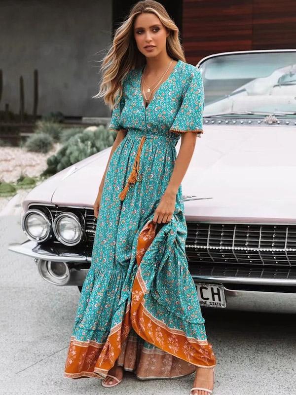 Printed V-neck Maxi Dresses