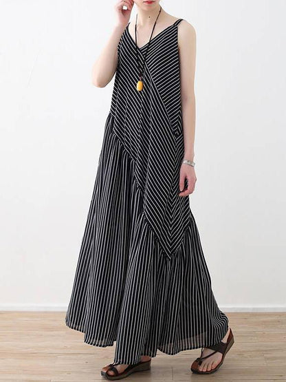 Loose Striped Split-joint Wide-leg Sleeveless V-neck Jumpsuits