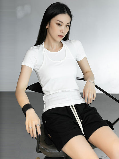 Stylish Halterneck Solid Color False Two Short Sleeves T-Shirt