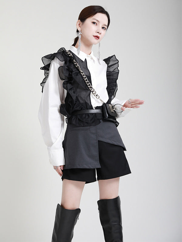 Stylish Irregular Contrast Color Split-Joint Falbala Mesh Drawstring Buttoned Lapel Collar Long Sleeves Blouse