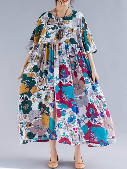 Plus Size Flower Print Round-neck Ramie Long Dress