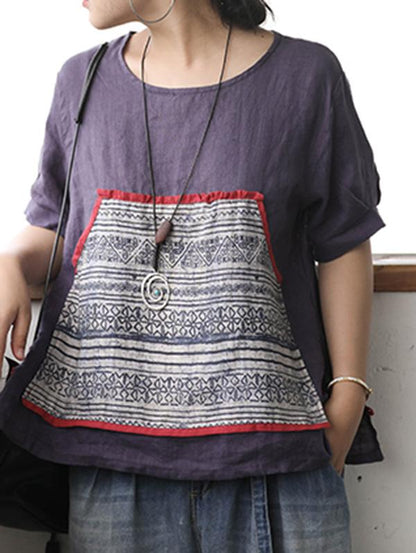 Retro Linen Pocket Split-side T-shirt