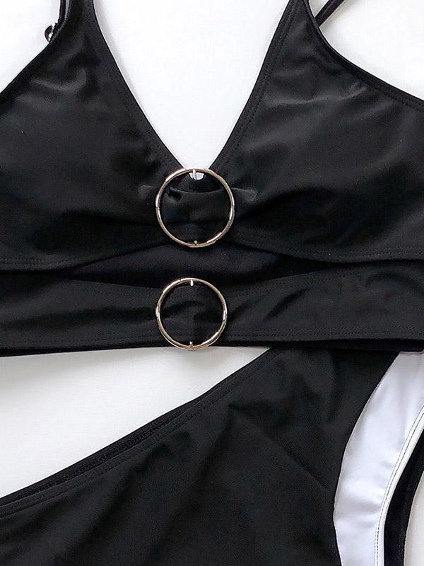Spaghetti-Neck Metal Buckle Split-Joint Bikini Swimsuit