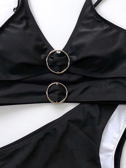 Spaghetti-Neck Metal Buckle Split-Joint Bikini Swimsuit