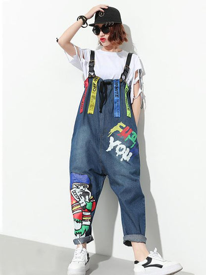 Loose Printed Jeans Jumpsuit