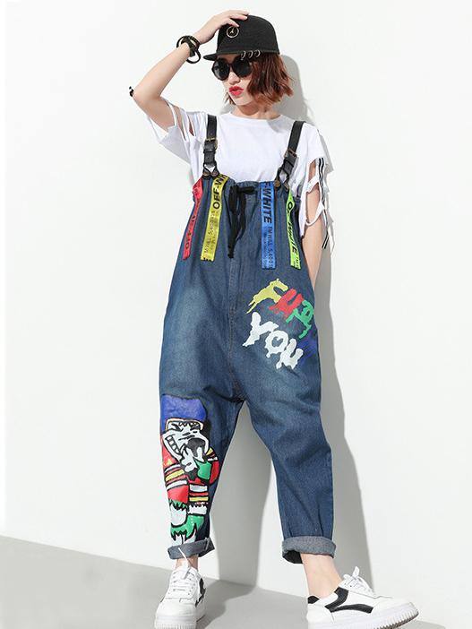 Loose Printed Jeans Jumpsuit