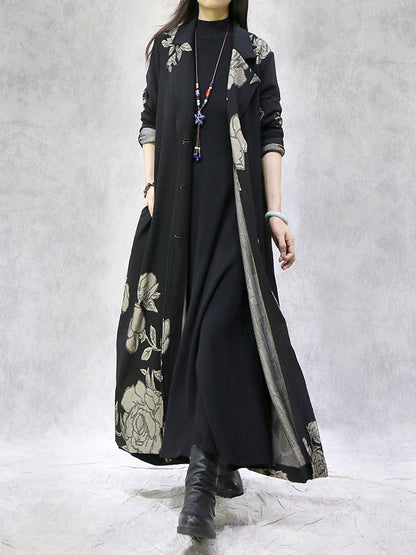 Artistic Retro Loose Floral Printed Buttoned Notched Collar Long Sleeves Outwear