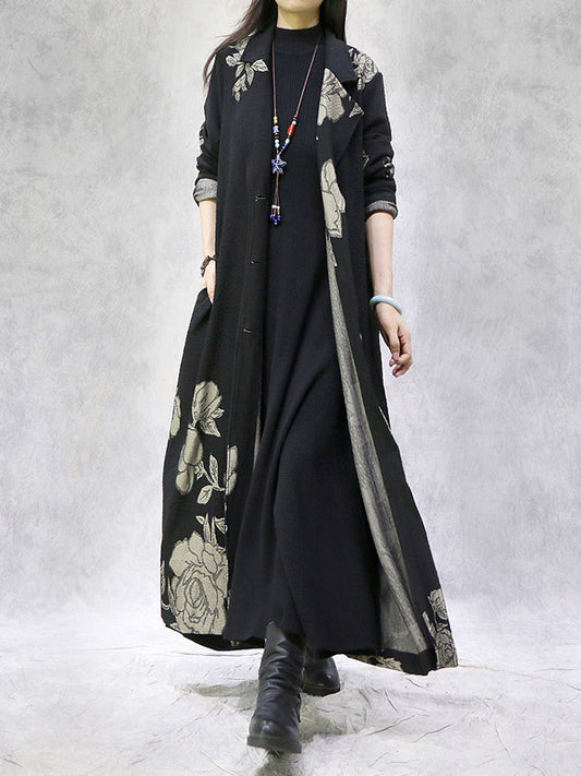 Artistic Retro Loose Floral Printed Buttoned Notched Collar Long Sleeves Outwear