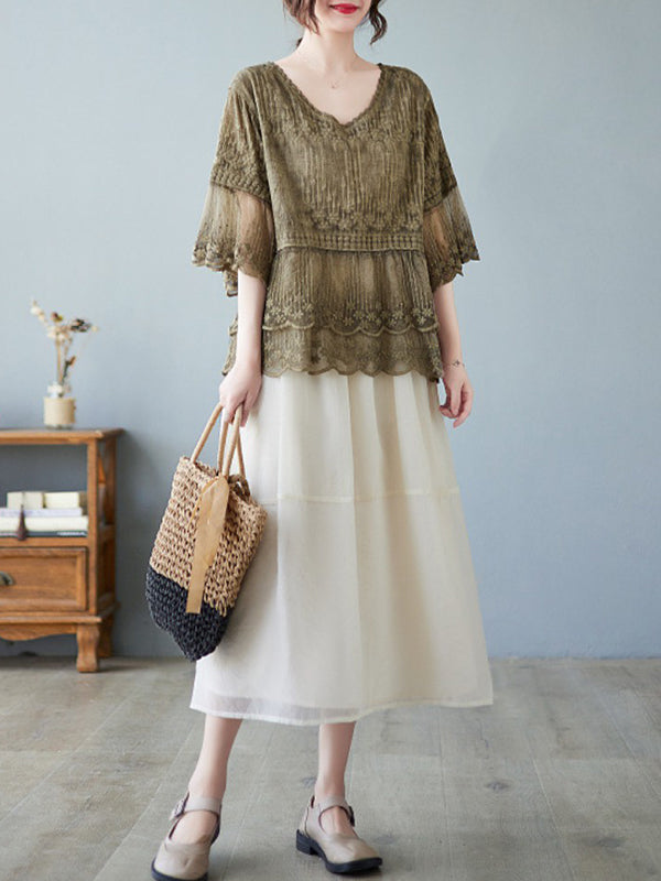 Original Loose Artistic Retro Lace Embroidered T-Shirt Top