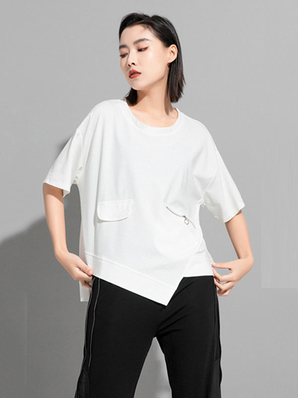 Fashion Asymmetric Irregular Clipping Split-Side Round-Neck T-Shirt